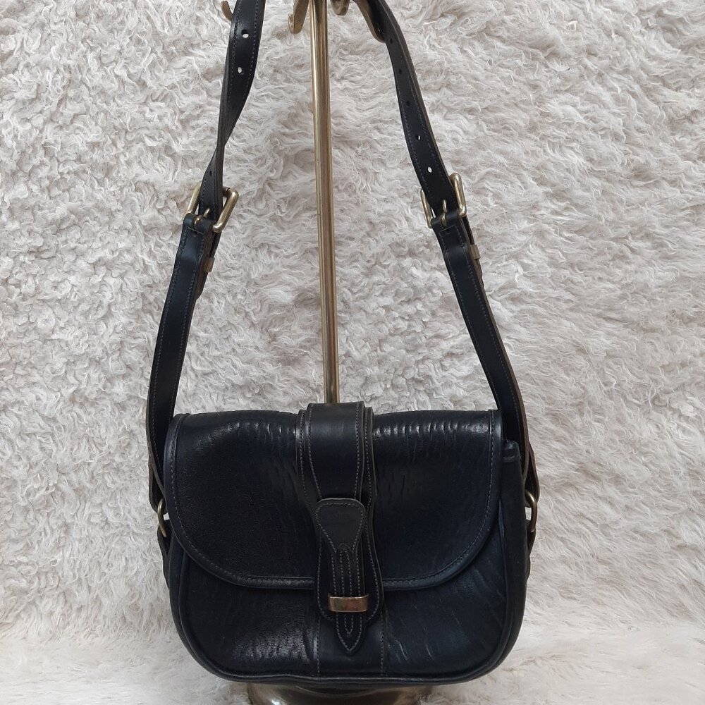Vintage Bag by Calder of Canada Black Pebbled Leather Shoulder Bag w/ Solid Bras - Picture 2 of 11